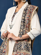VASVI Women Cotton Kalamkari Printed Mirror Work Kurta Set with Dupatta, Off white