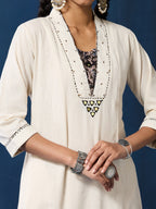 VASVI Women Cotton Kalamkari Printed Mirror Work Kurta Set with Dupatta, Off white