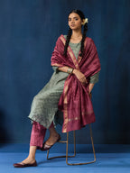VASVI Women Chanderi Hand Block Printed Straight Kurta Set with Dupatta, Green Haze
