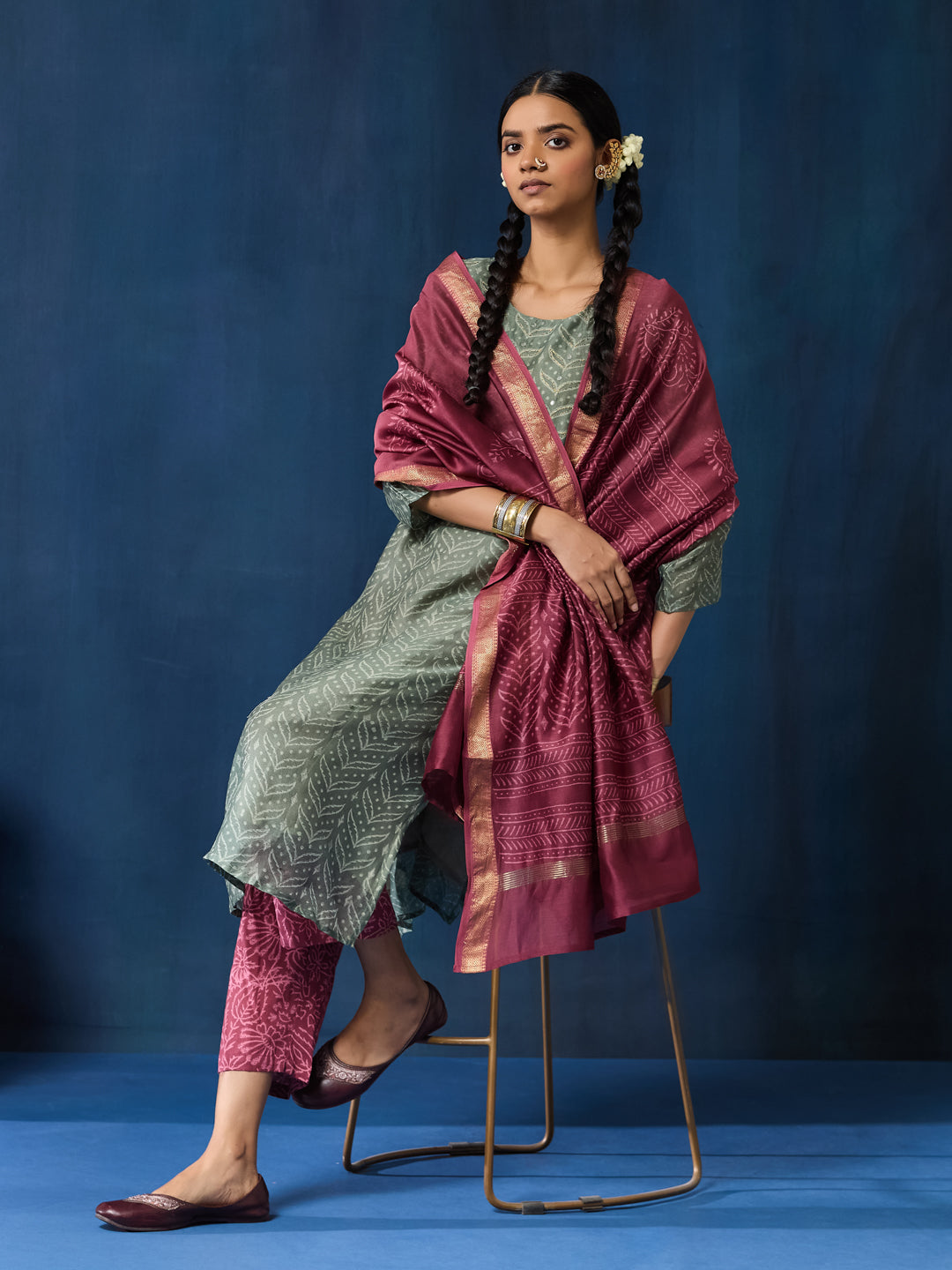 VASVI Women Chanderi Hand Block Printed Straight Kurta Set with Dupatta, Green Haze