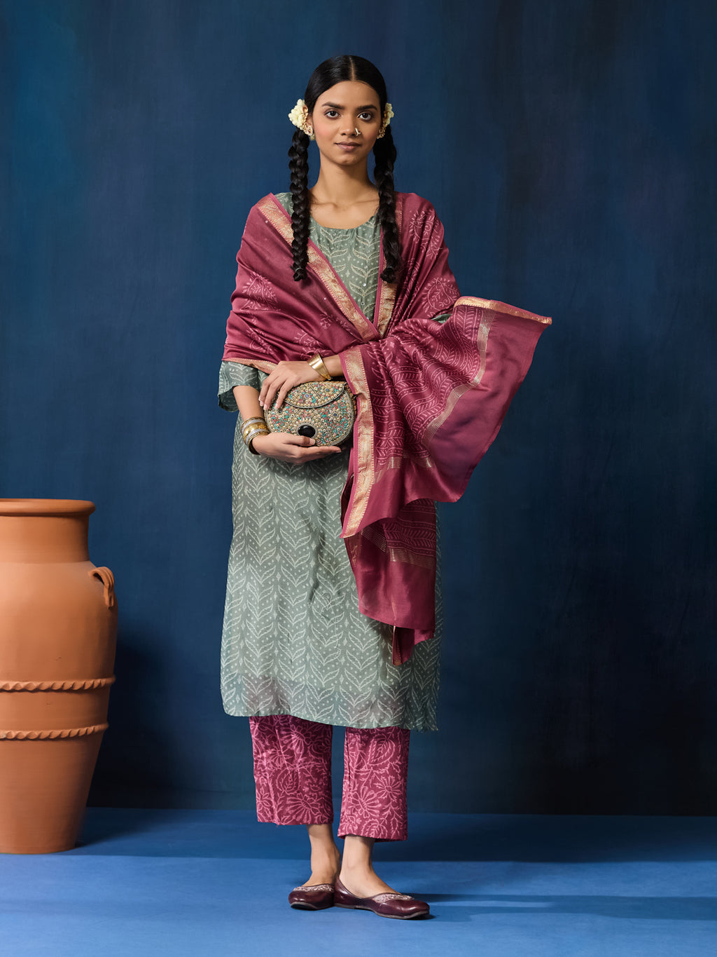 VASVI Women Chanderi Hand Block Printed Straight Kurta Set with Dupatta, Green Haze