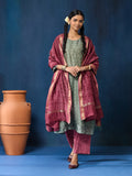 VASVI Women Chanderi Hand Block Printed Straight Kurta Set with Dupatta, Green Haze