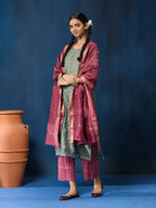 VASVI Women Chanderi Hand Block Printed Straight Kurta Set with Dupatta, Green Haze