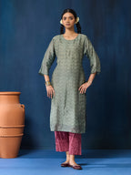 VASVI Women Chanderi Hand Block Printed Straight Kurta Set with Dupatta, Green Haze