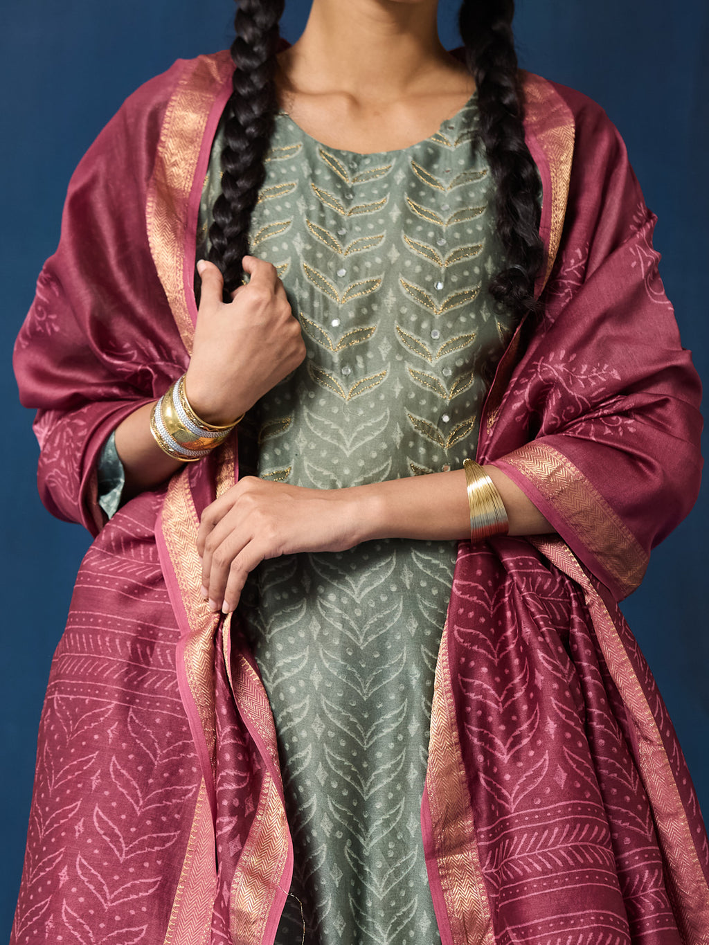 VASVI Women Chanderi Hand Block Printed Straight Kurta Set with Dupatta, Green Haze