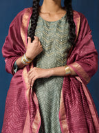VASVI Women Chanderi Hand Block Printed Straight Kurta Set with Dupatta, Green Haze