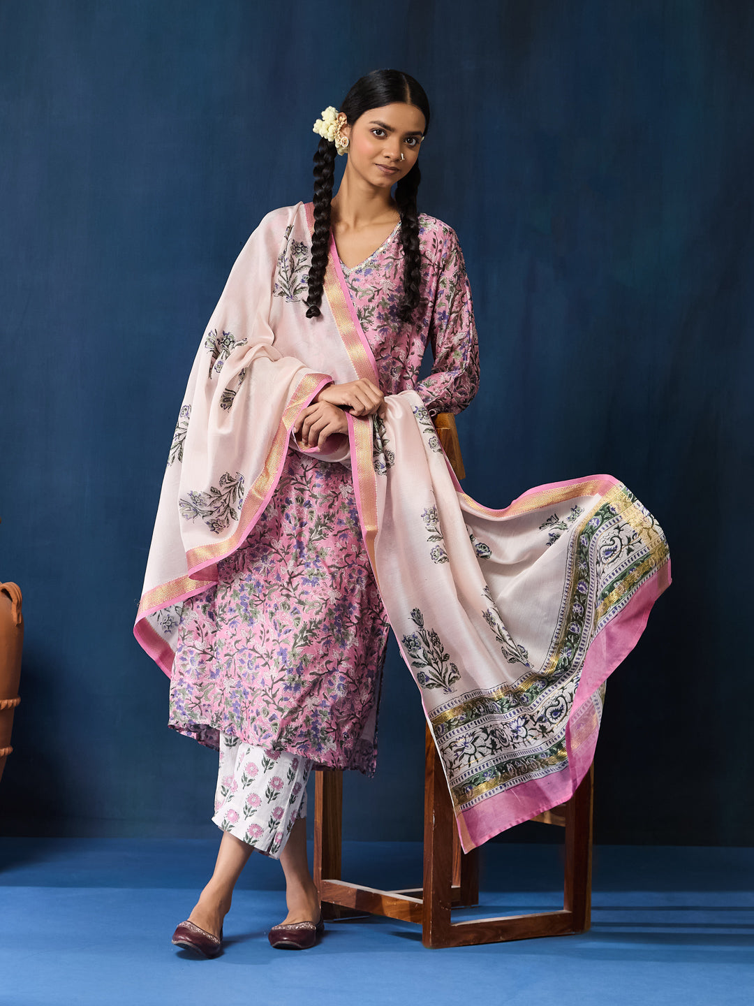 VASVI Women Chanderi Hand Block Printed Kurta Set with Dupatta, Purple