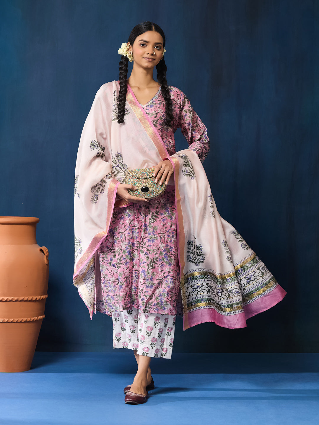 VASVI Women Chanderi Hand Block Printed Kurta Set with Dupatta, Purple