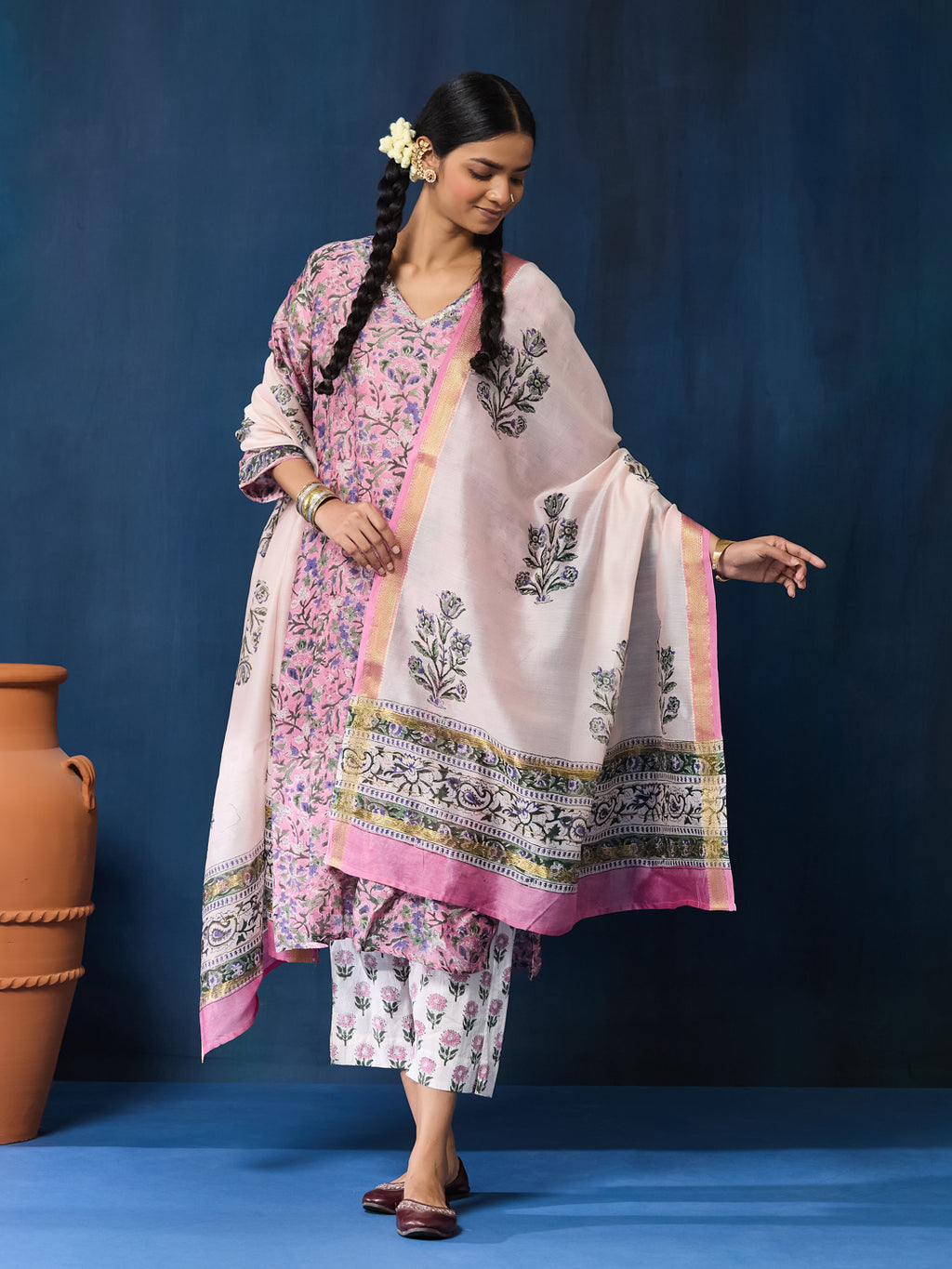VASVI Women Chanderi Hand Block Printed Kurta Set with Dupatta, Purple
