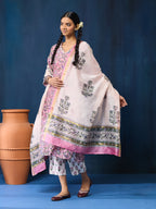 VASVI Women Chanderi Hand Block Printed Kurta Set with Dupatta, Purple
