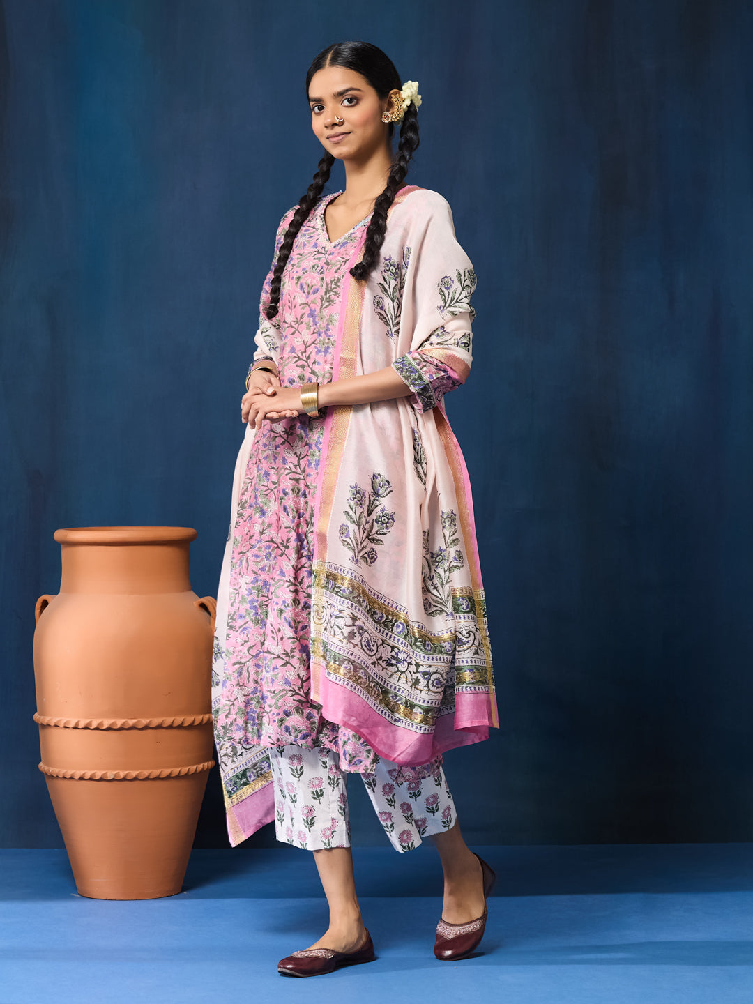 VASVI Women Chanderi Hand Block Printed Kurta Set with Dupatta, Purple