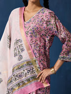 VASVI Women Chanderi Hand Block Printed Kurta Set with Dupatta, Purple
