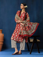 VASVI Women Chanderi Hand Block Printed Straight Kurta Set with Dupatta, Maroon