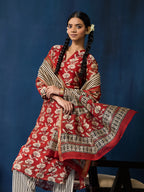VASVI Women Chanderi Hand Block Printed Straight Kurta Set with Dupatta, Maroon