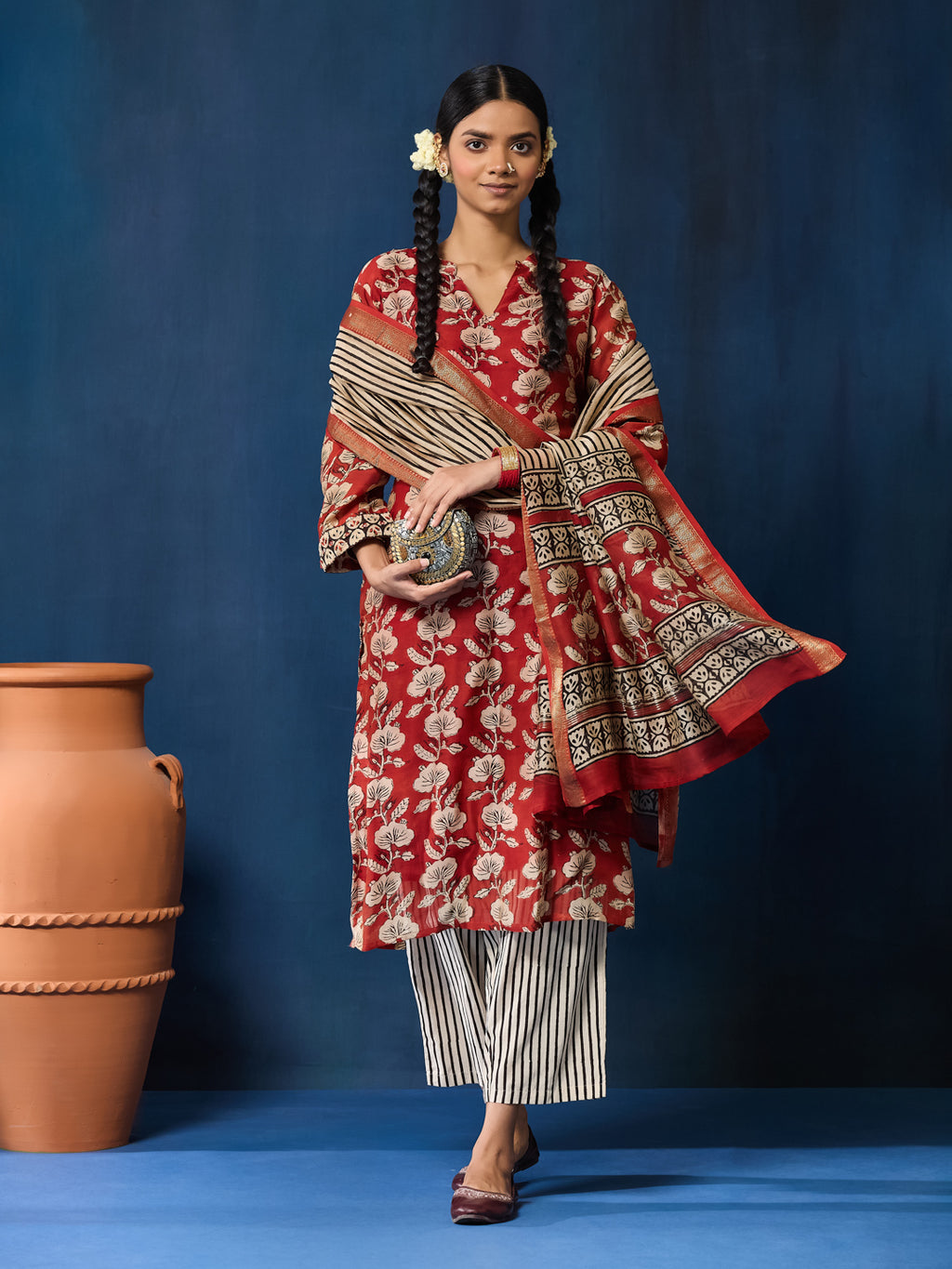 VASVI Women Chanderi Hand Block Printed Straight Kurta Set with Dupatta, Maroon