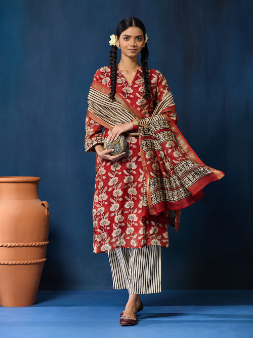 VASVI Women Chanderi Hand Block Printed Straight Kurta Set with Dupatta, Maroon