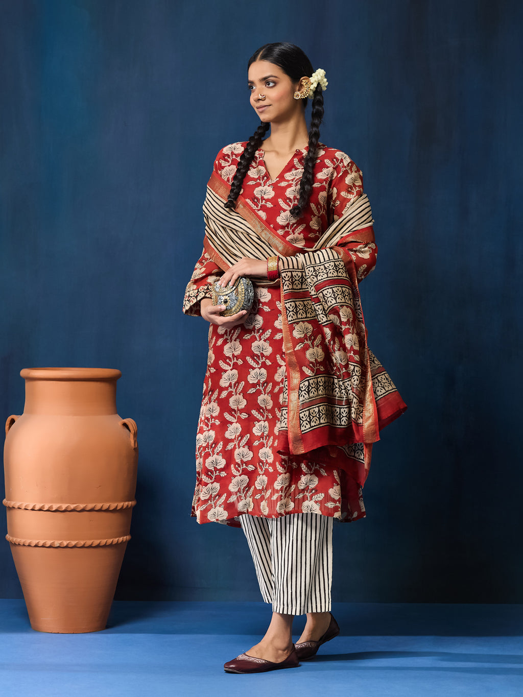 VASVI Women Chanderi Hand Block Printed Straight Kurta Set with Dupatta, Maroon