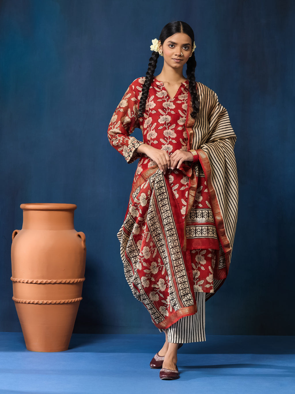 VASVI Women Chanderi Hand Block Printed Straight Kurta Set with Dupatta, Maroon