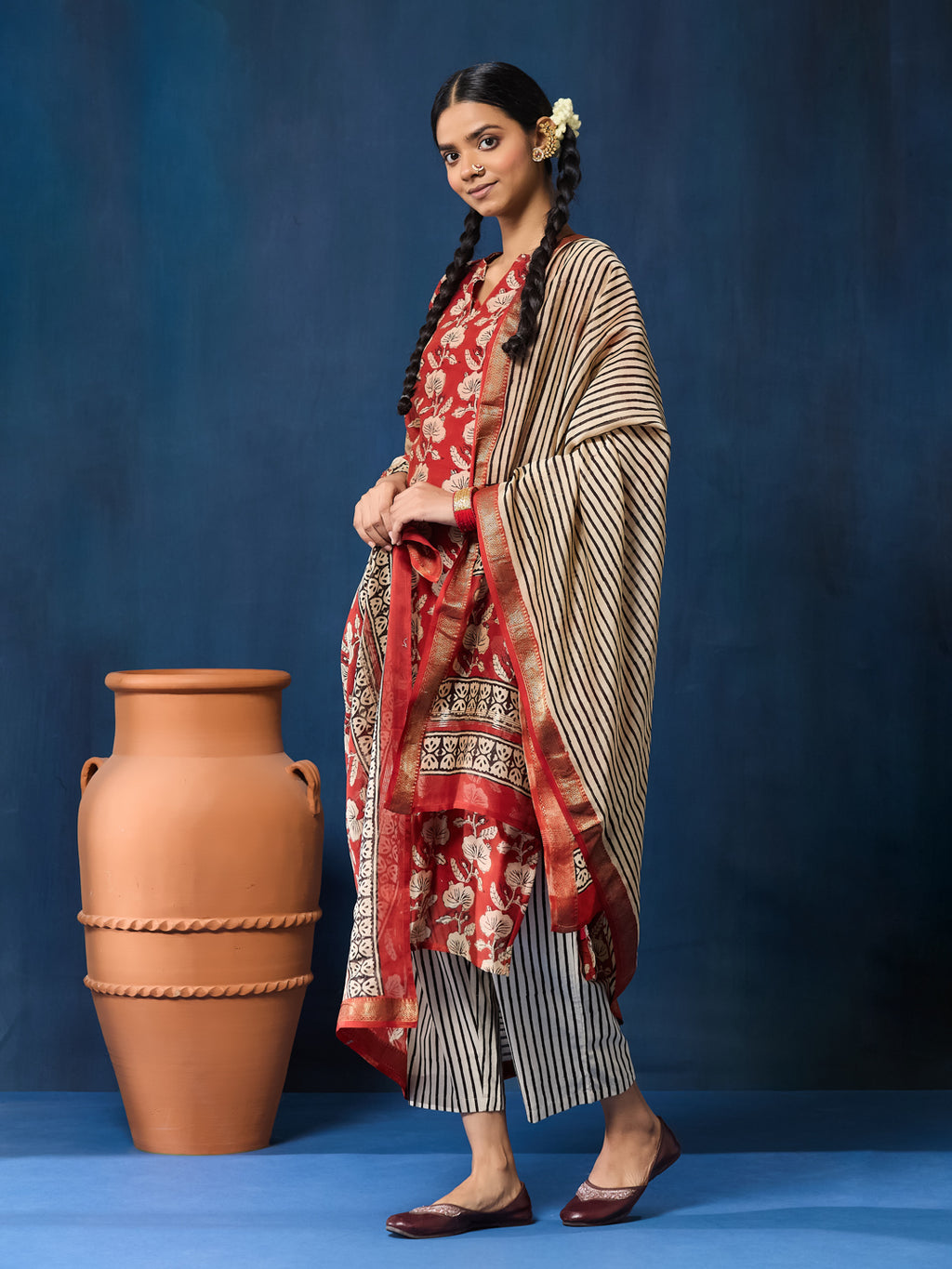 VASVI Women Chanderi Hand Block Printed Straight Kurta Set with Dupatta, Maroon