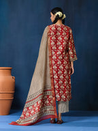 VASVI Women Chanderi Hand Block Printed Straight Kurta Set with Dupatta, Maroon