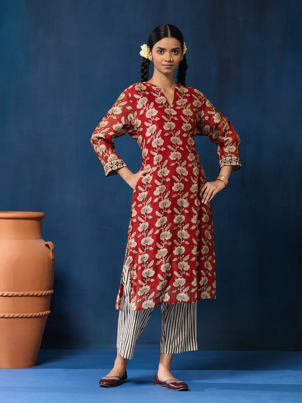VASVI Women Chanderi Hand Block Printed Straight Kurta Set with Dupatta, Maroon