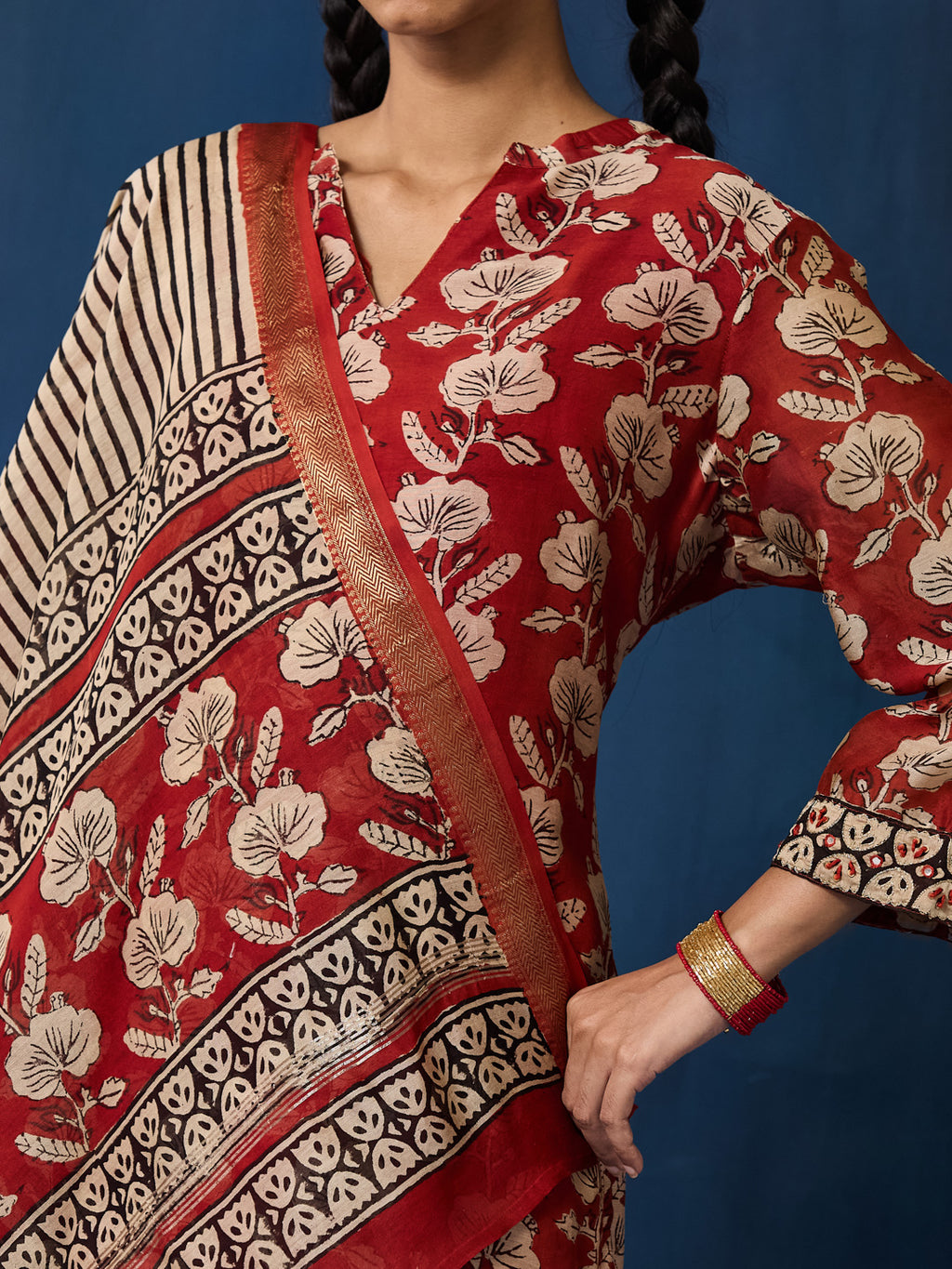 VASVI Women Chanderi Hand Block Printed Straight Kurta Set with Dupatta, Maroon