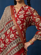 VASVI Women Chanderi Hand Block Printed Straight Kurta Set with Dupatta, Maroon