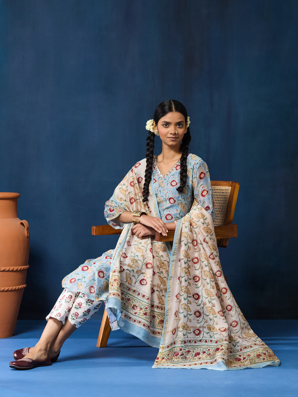 VASVI Women Chanderi Hand Block Printed Kurta Set with Dupatta, Sky