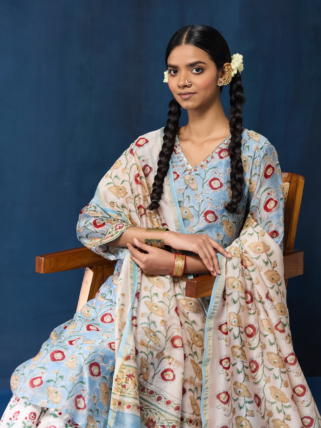 VASVI Women Chanderi Hand Block Printed Kurta Set with Dupatta, Sky