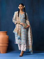 VASVI Women Chanderi Hand Block Printed Kurta Set with Dupatta, Sky