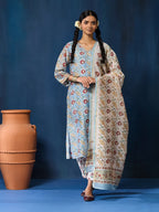 VASVI Women Chanderi Hand Block Printed Kurta Set with Dupatta, Sky