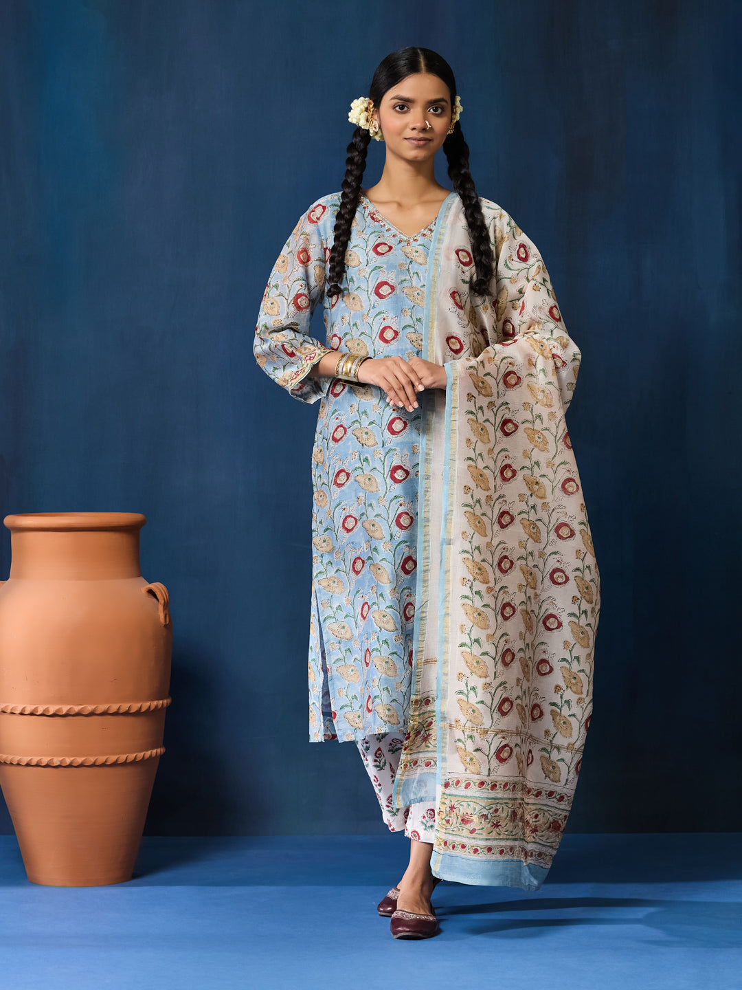 VASVI Women Chanderi Hand Block Printed Kurta Set with Dupatta, Sky