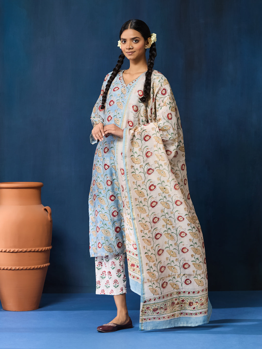 VASVI Women Chanderi Hand Block Printed Kurta Set with Dupatta, Sky