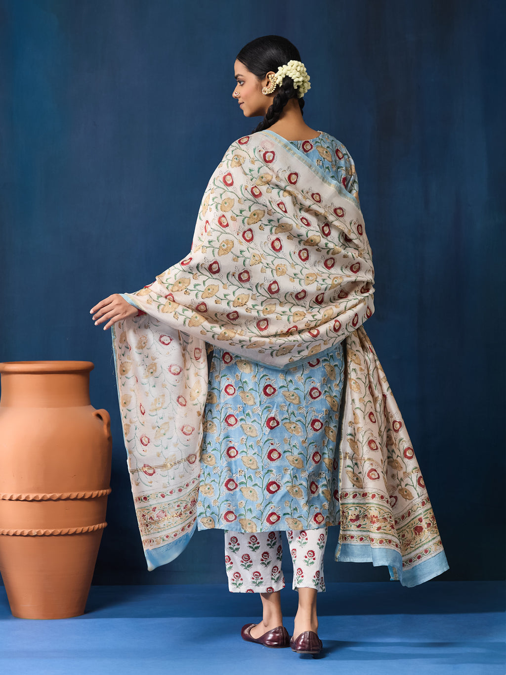 VASVI Women Chanderi Hand Block Printed Kurta Set with Dupatta, Sky
