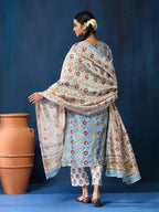VASVI Women Chanderi Hand Block Printed Kurta Set with Dupatta, Sky