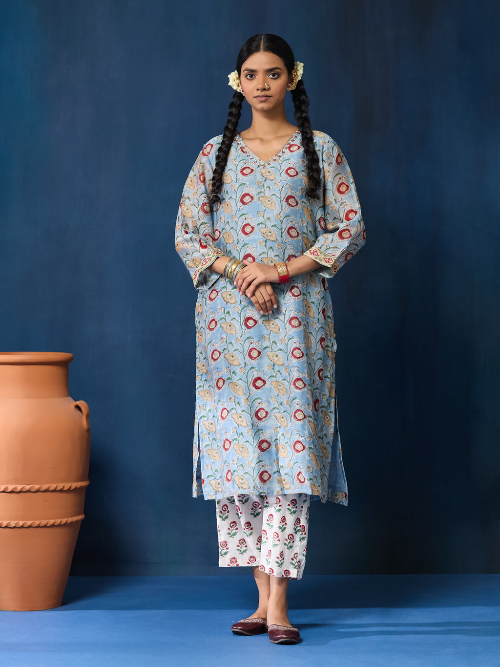 VASVI Women Chanderi Hand Block Printed Kurta Set with Dupatta, Sky