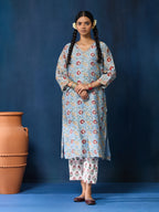 VASVI Women Chanderi Hand Block Printed Kurta Set with Dupatta, Sky