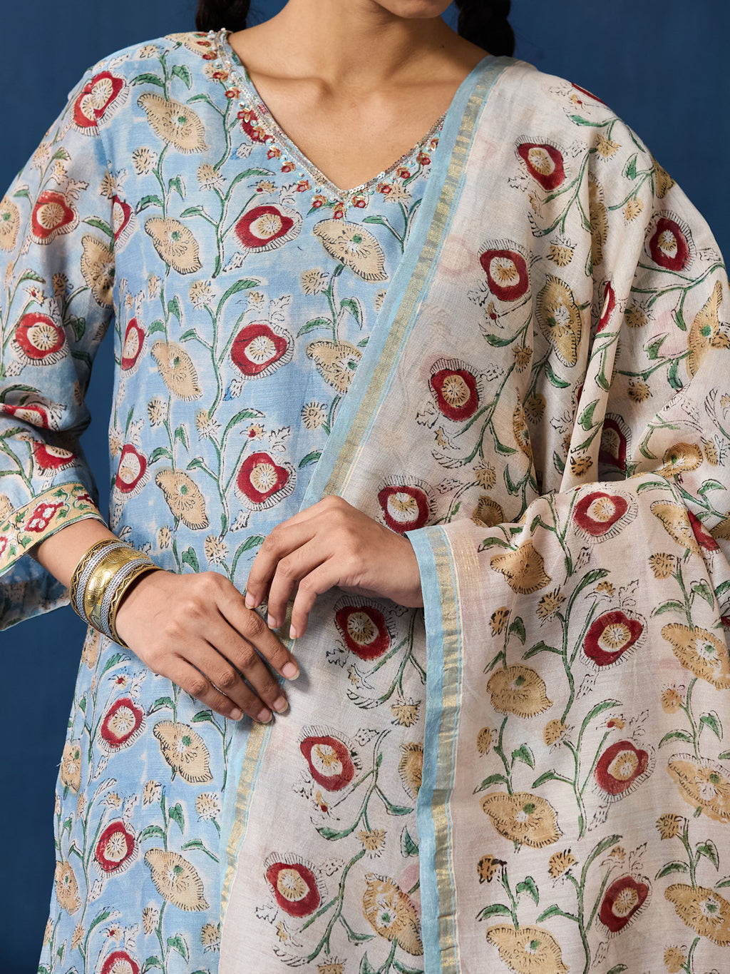 VASVI Women Chanderi Hand Block Printed Kurta Set with Dupatta, Sky