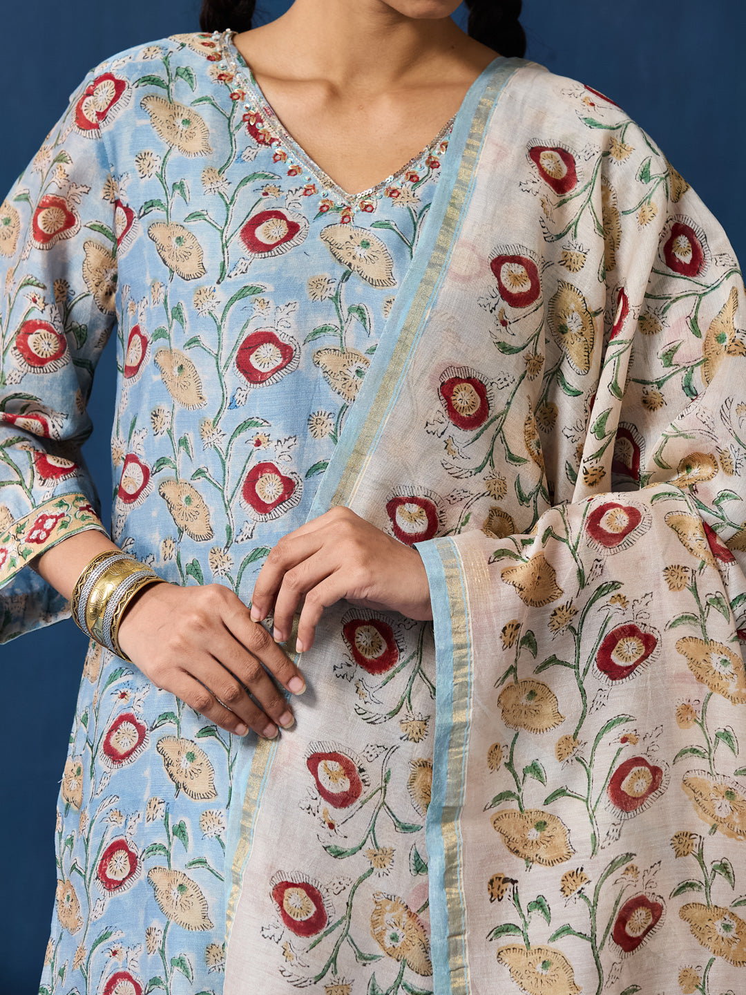 VASVI Women Chanderi Hand Block Printed Kurta Set with Dupatta, Sky