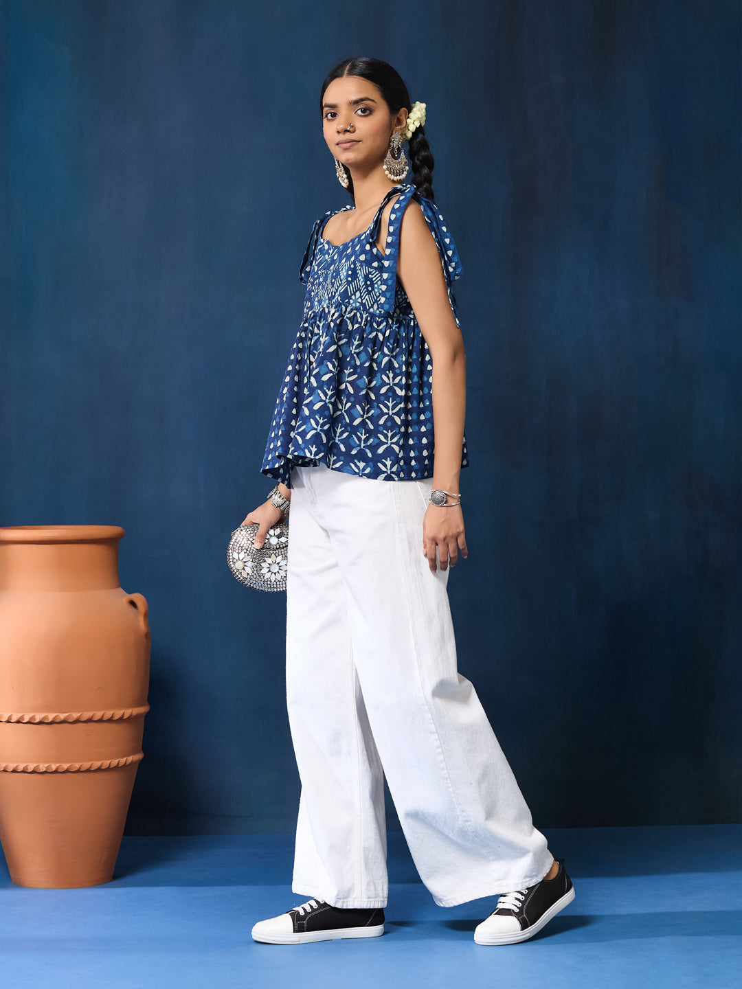 VASVI Women Cotton Hand Block Printed Top, Indigo