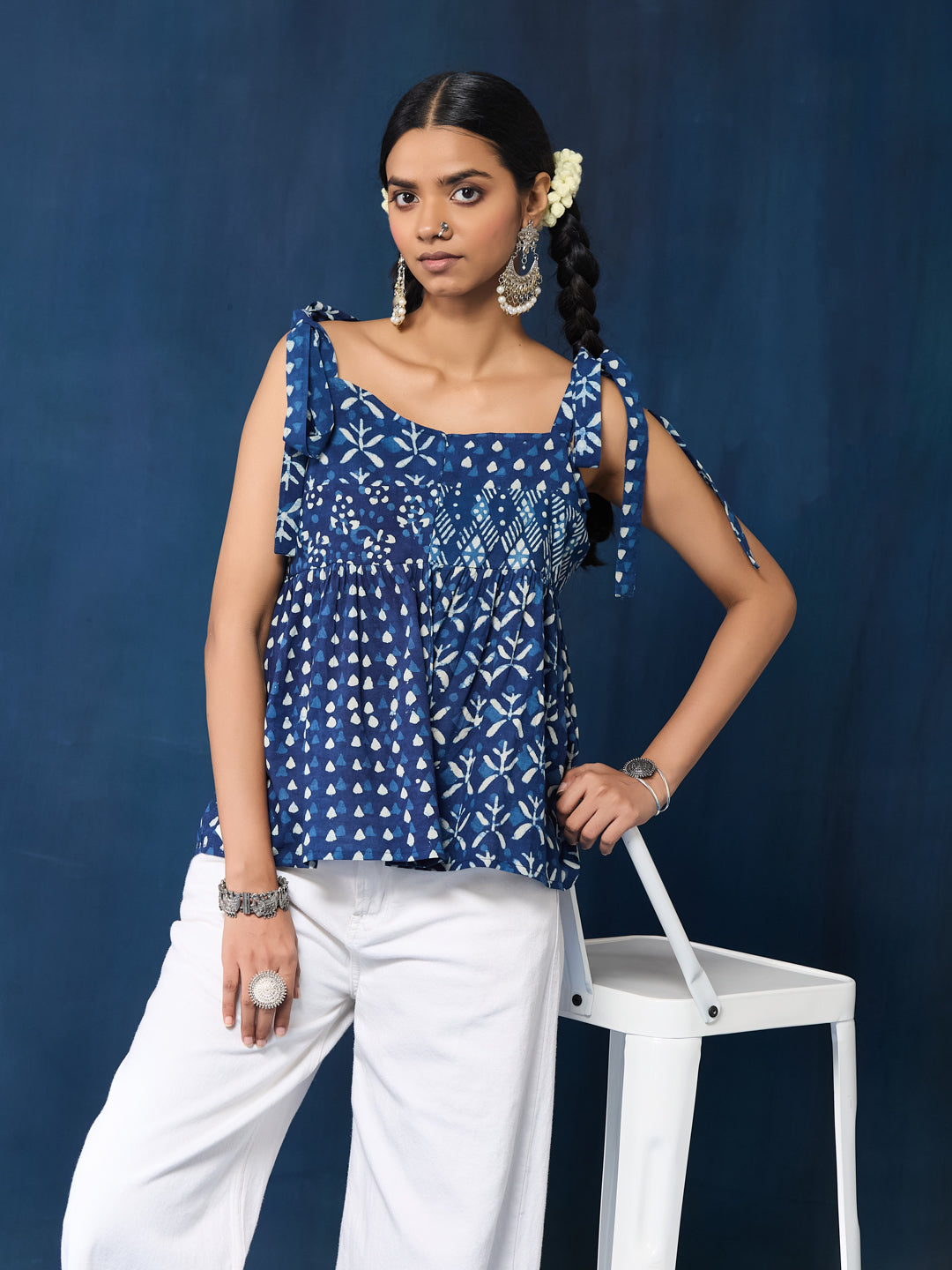 VASVI Women Cotton Hand Block Printed Top, Indigo