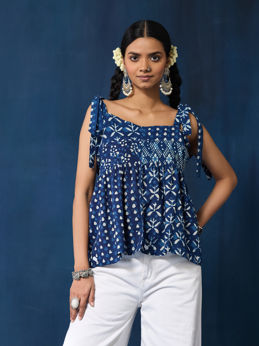 VASVI Women Cotton Hand Block Printed Top, Indigo