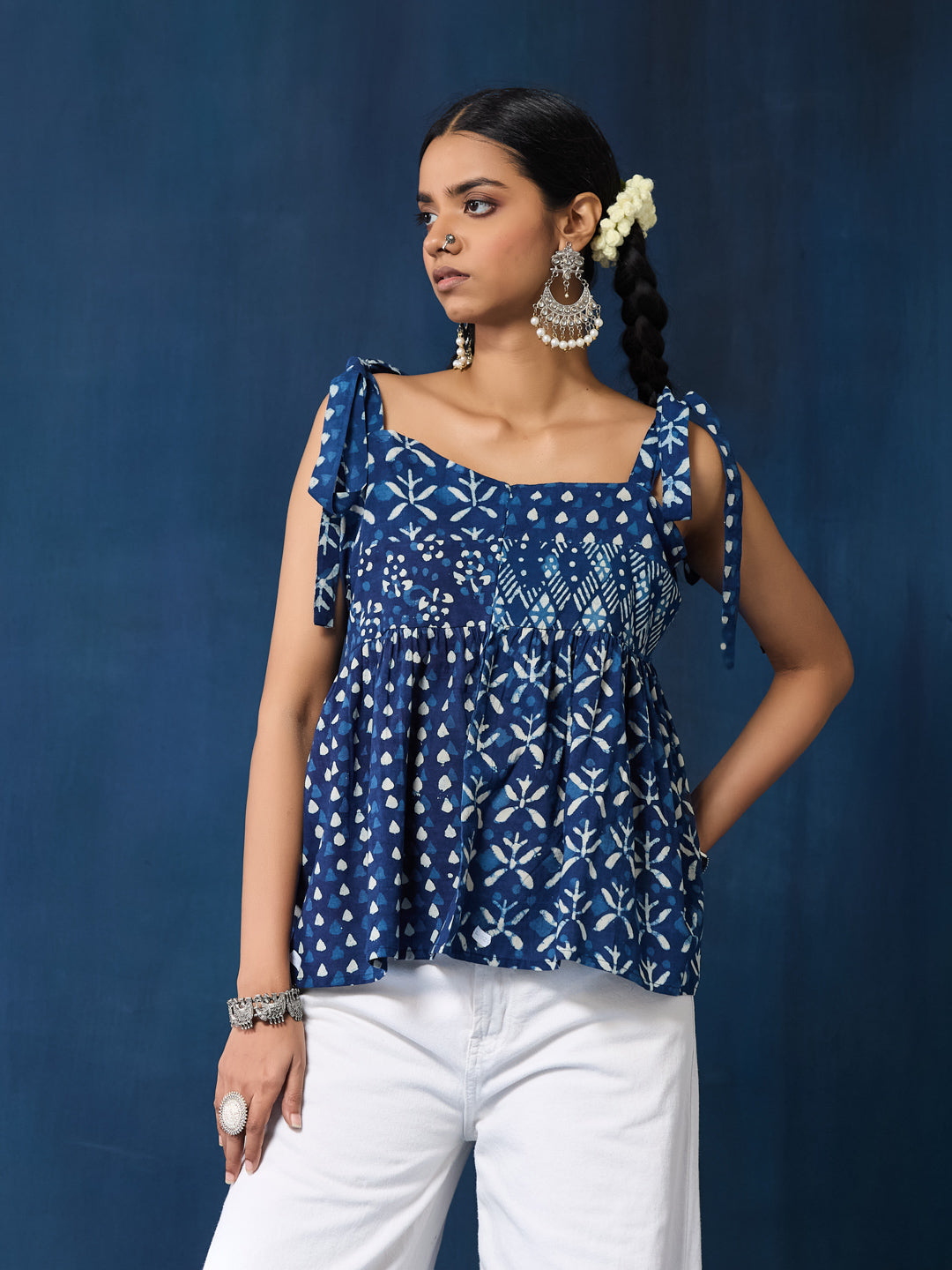 VASVI Women Cotton Hand Block Printed Top, Indigo