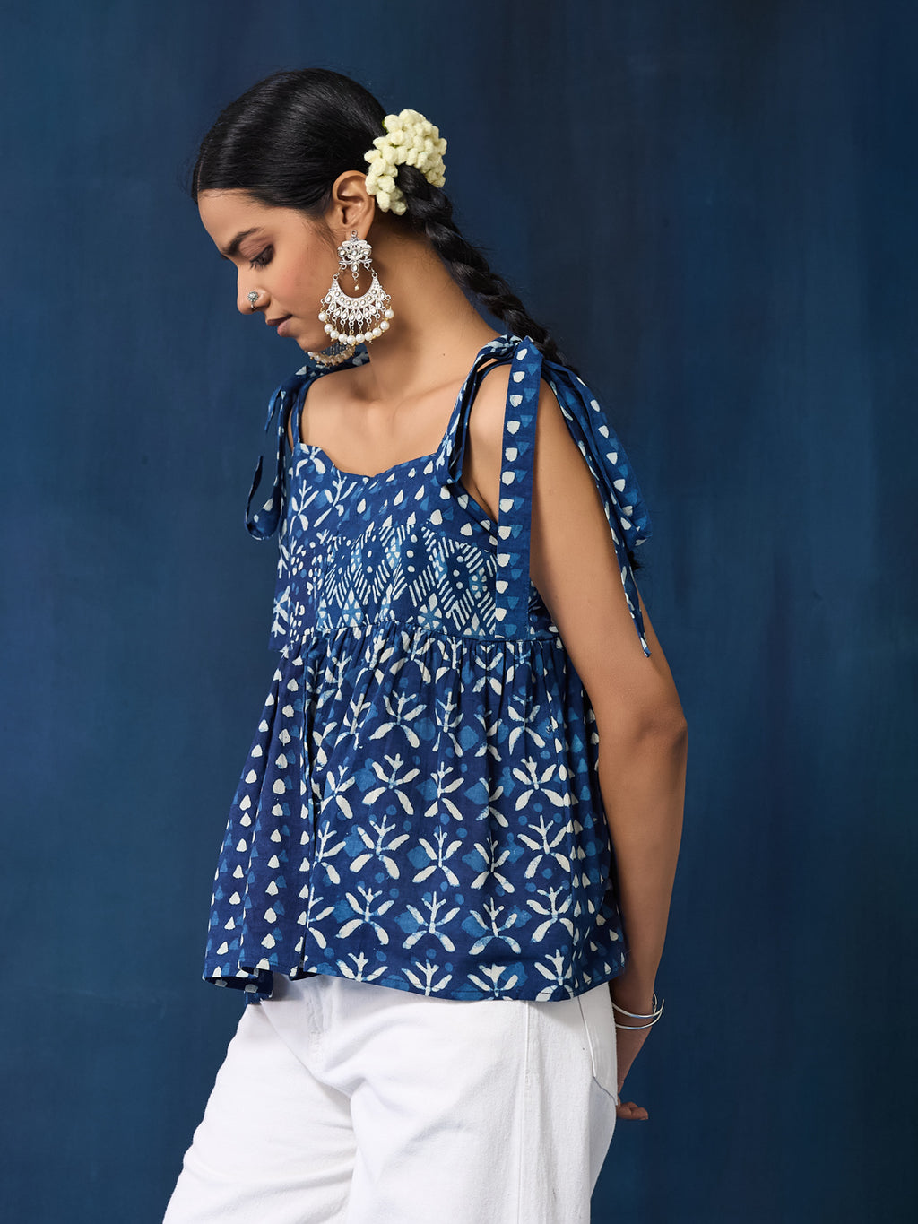 VASVI Women Cotton Hand Block Printed Top, Indigo