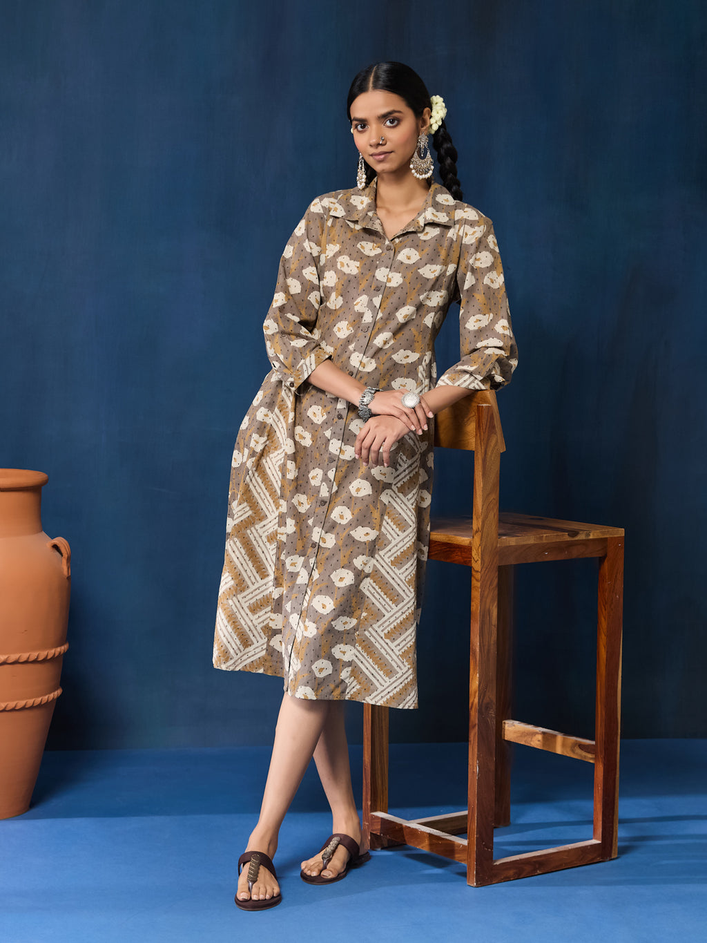 VASVI Women Cotton Hand Block Printed A-line Kurta, Brown