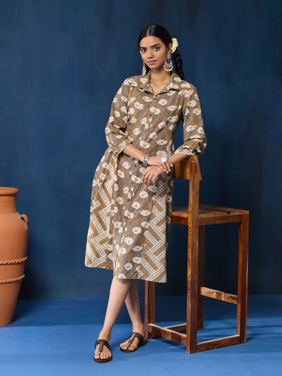 VASVI Women Cotton Hand Block Printed A-line Kurta, Brown