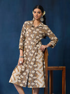 VASVI Women Cotton Hand Block Printed A-line Kurta, Brown