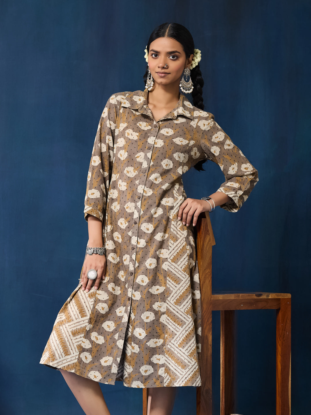 VASVI Women Cotton Hand Block Printed A-line Kurta, Brown