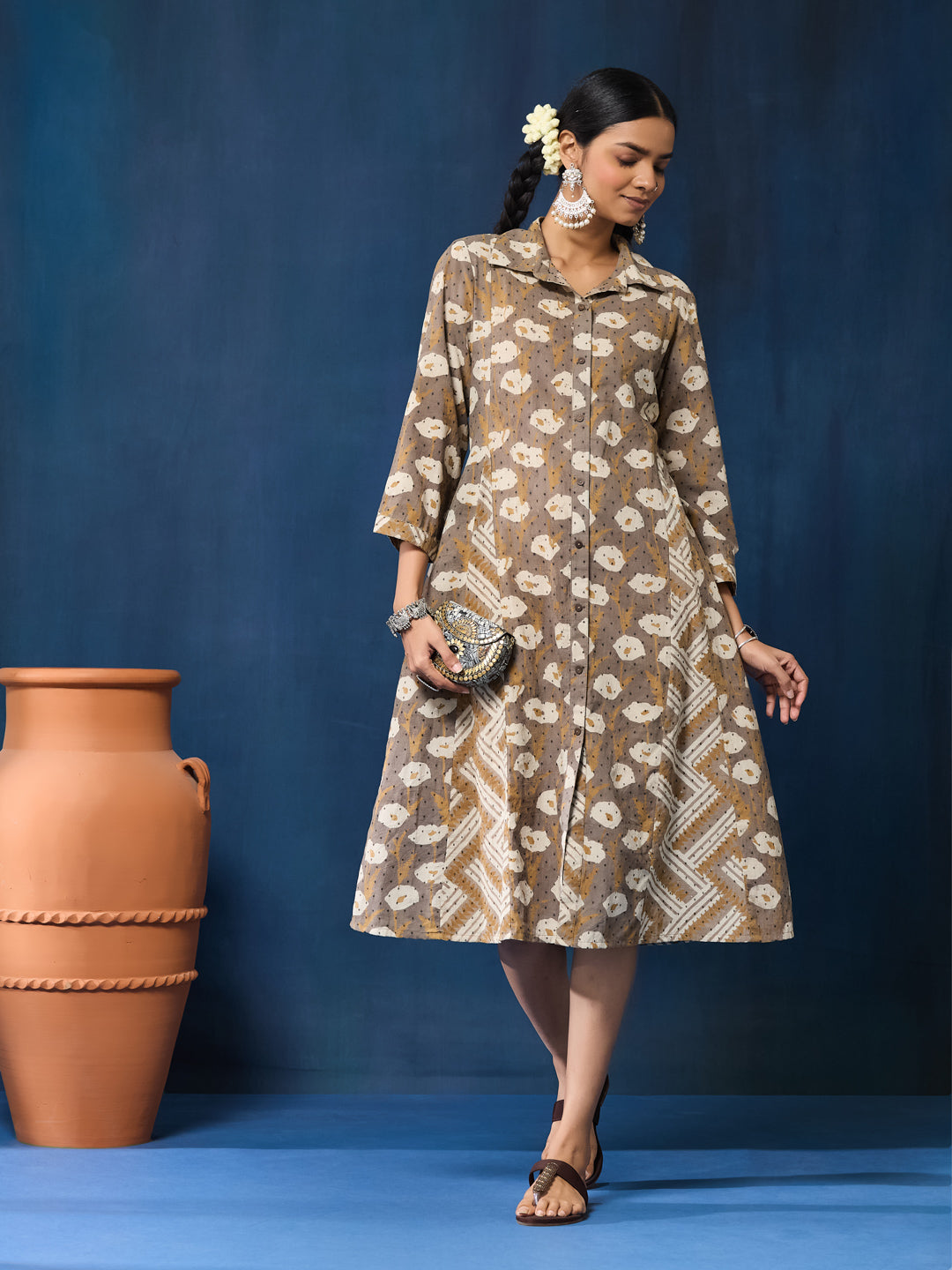 VASVI Women Cotton Hand Block Printed A-line Kurta, Brown