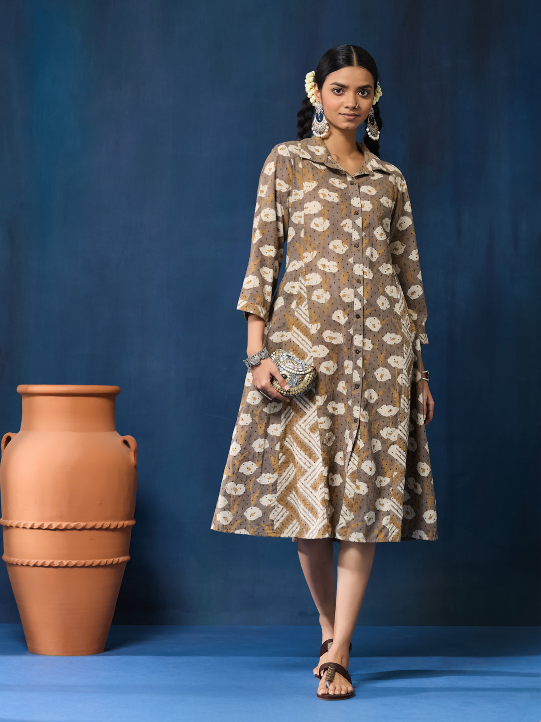 VASVI Women Cotton Hand Block Printed A-line Kurta, Brown